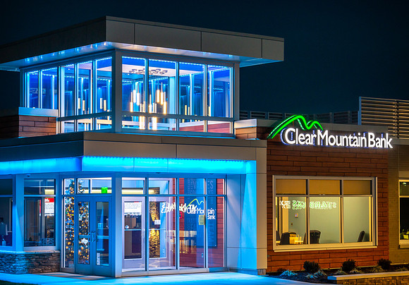 Clear Mountain Bank Exterior at Night